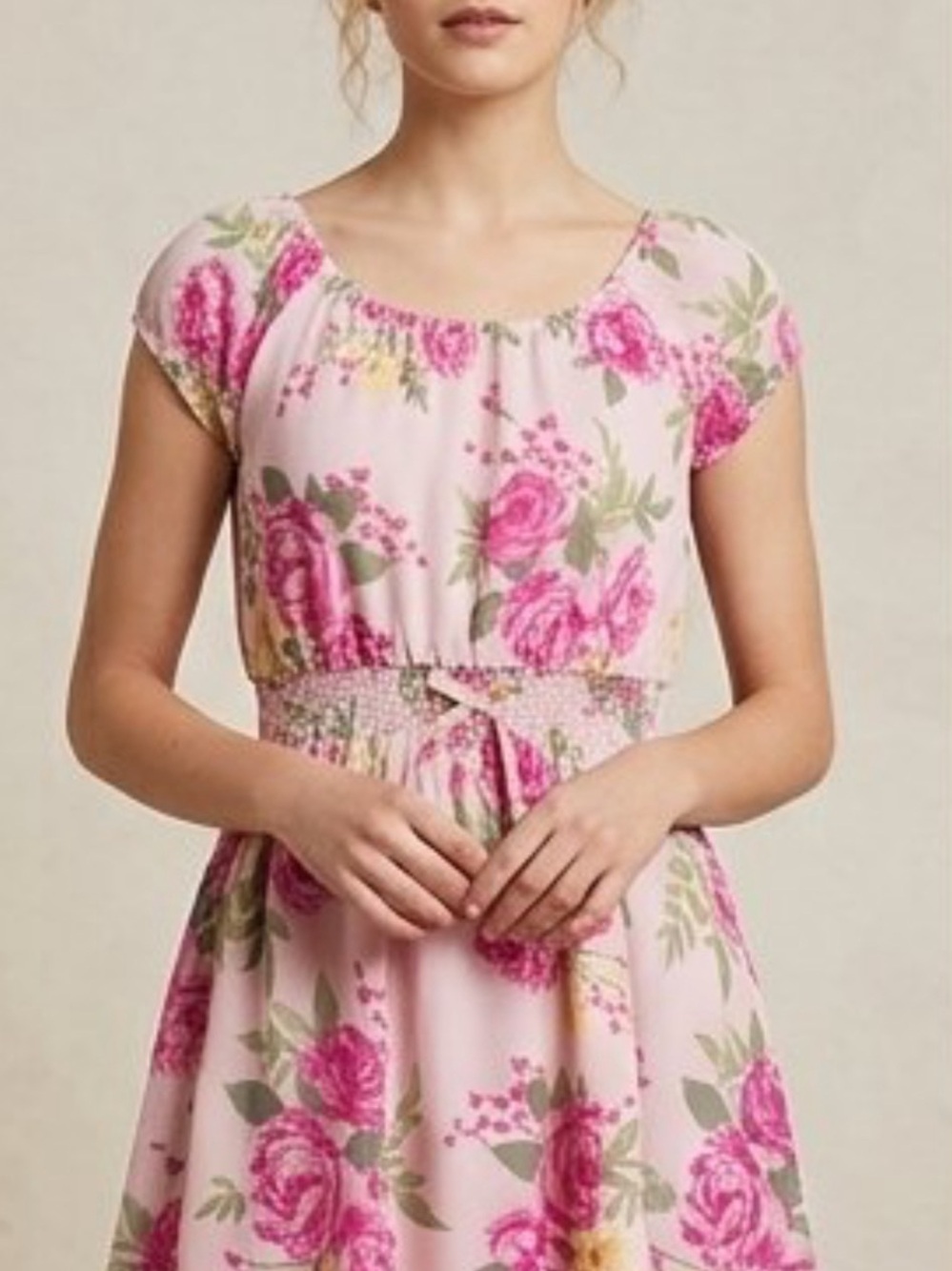 Place Pink Floral Midi Dress with Smocked Waist